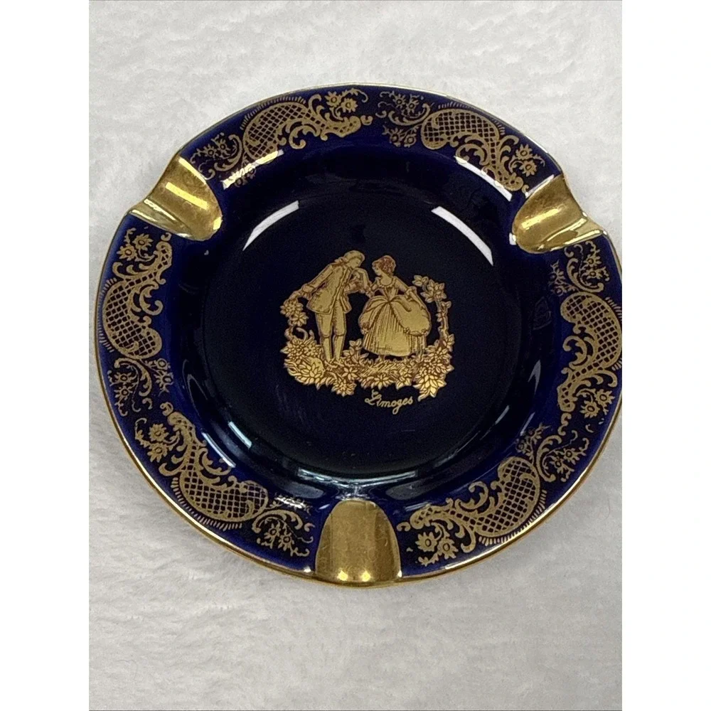 Vintage Limoges Castel France Cobalt Blue Gold Porcelain Ashtray Courting Couple